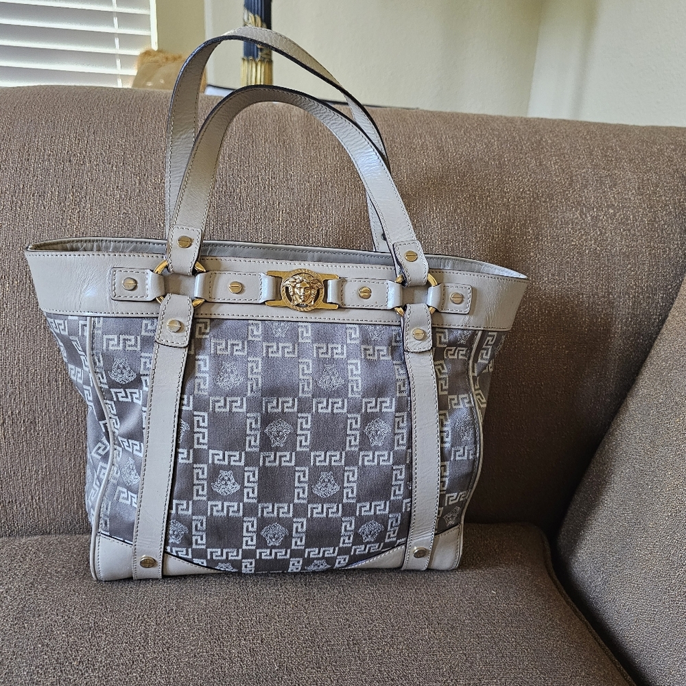 Versace Vintage Monogram Medusa Head Leather/Canvas Tote RARE